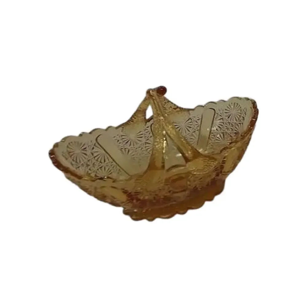 Amber Glass Basket Small Daisy Pattern Split Twig Handle Candy Dish - Picture 6 of 10